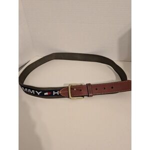 Tommy Hilfiger Leather & Nylon Logo Belt with Gold‎ Buckle in Olive Size 42